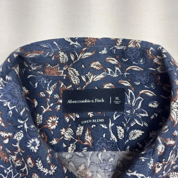 Abercrombie & Fitch Mens XL Blue Floral Linen Blend Short Sleeve Button Up Shirt - Picture 3 of 6